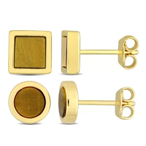 Men's Yellow Plated Sterling Silver 1 5/8ct TGW Square and Round Brown Onyx Stud Earrings