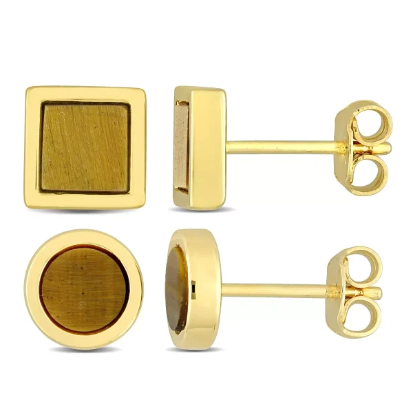 Men's Yellow Plated Sterling Silver 1 5/8ct TGW Square and Round Brown Onyx Stud Earrings