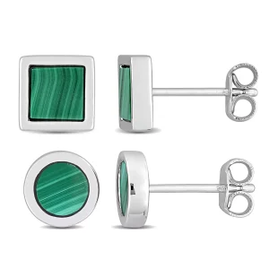 Men's Sterling Silver 1 5/8ct TGW Malachite Square and Round Stud Earrings 2-Piece Set