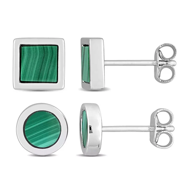 Men's Sterling Silver 1 5/8ct TGW Malachite Square and Round Stud Earrings 2-Piece Set