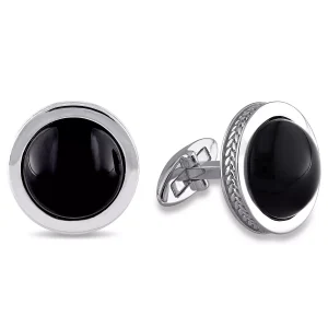 Sterling Silver 17 CT TGW Black Onyx Bezel Set Cufflinks with Braided Accent