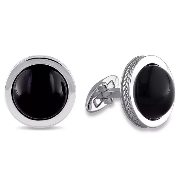 Sterling Silver 17 CT TGW Black Onyx Bezel Set Cufflinks with Braided Accent